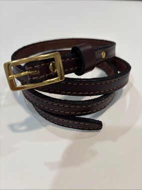 Handcrafted Brown Leather Skinny Belt Gold Buckle Artisan Made 40" Long